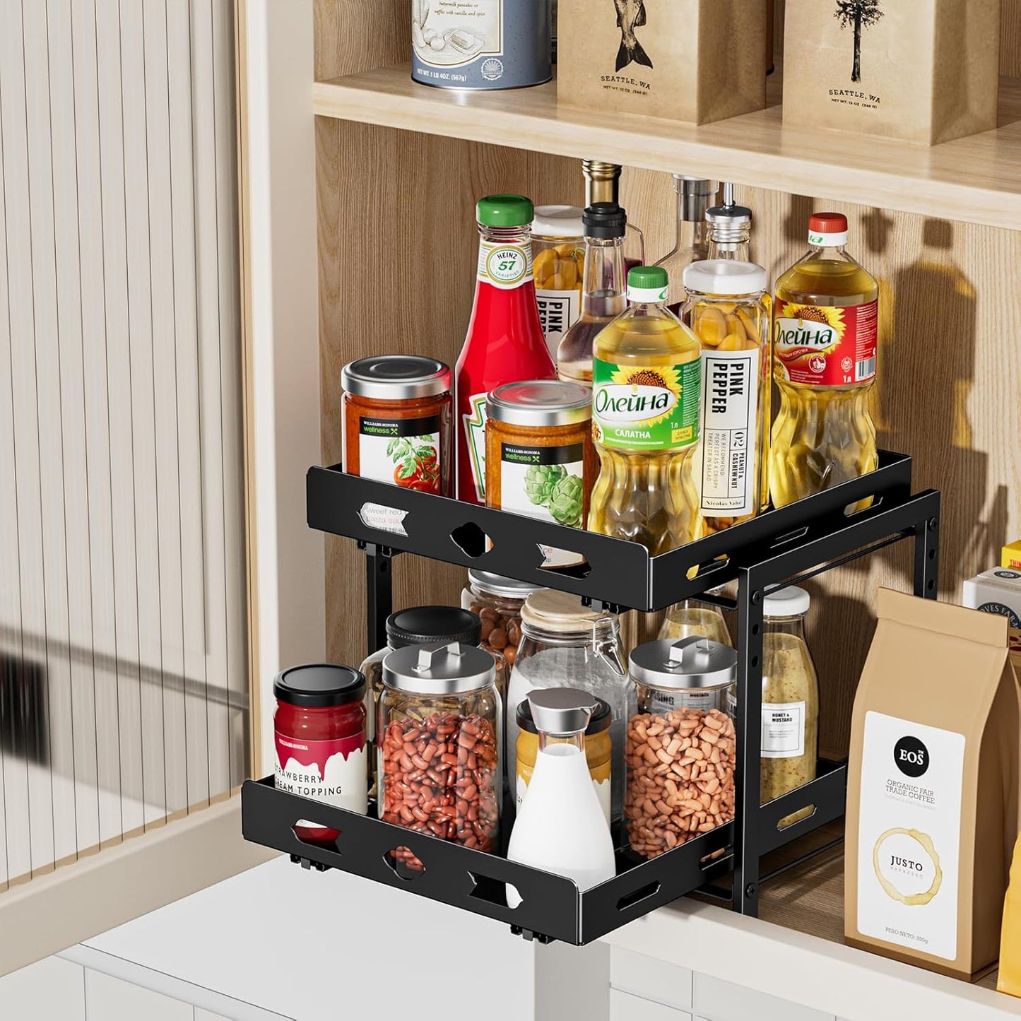 Spice Rack Organizer for Cabinet, Pull Out Spice Rack 2 Tier, Adjustable Height, Heavy Duty Sliding Spice Rack Fits Spices, Sauces, Canned Food, W11.7*D10.8*H9.2 Inch