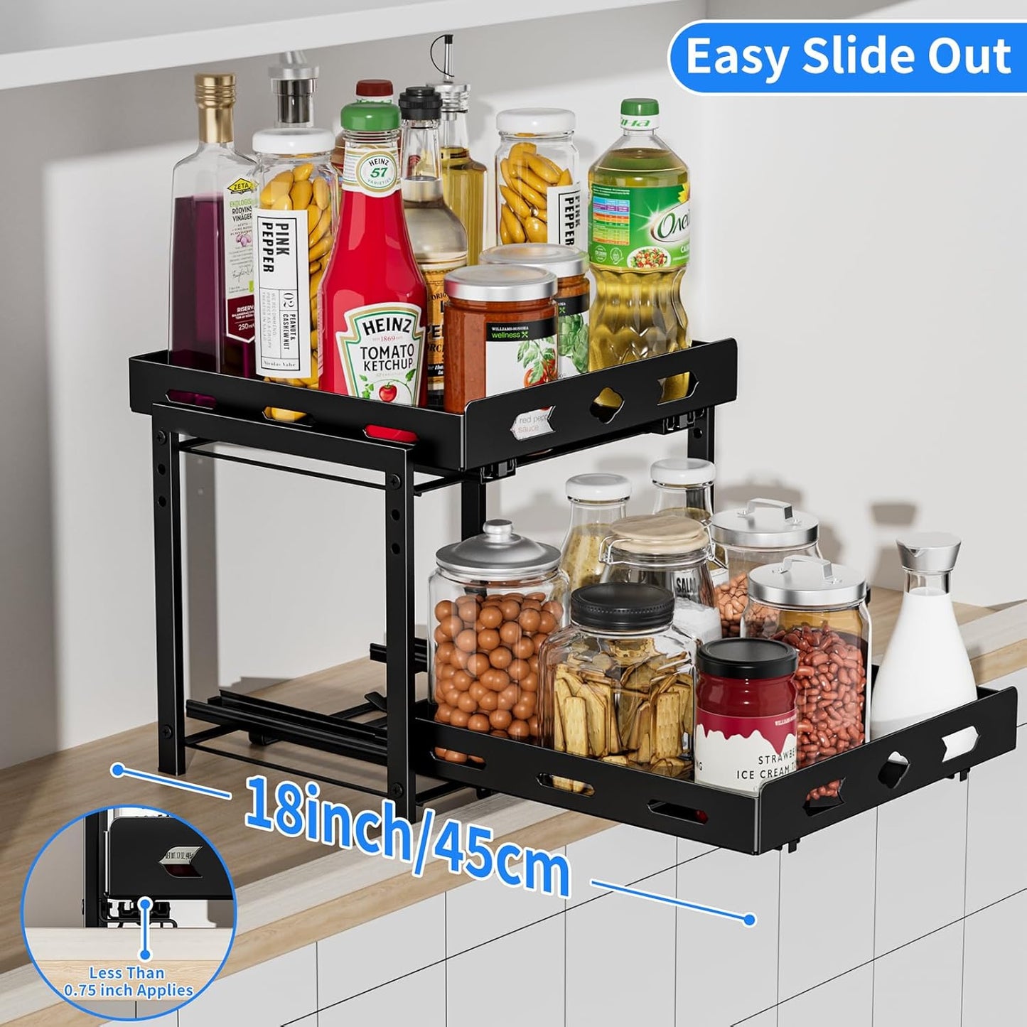 Spice Rack Organizer for Cabinet, Pull Out Spice Rack 2 Tier, Adjustable Height, Heavy Duty Sliding Spice Rack Fits Spices, Sauces, Canned Food, W11.7*D10.8*H9.2 Inch