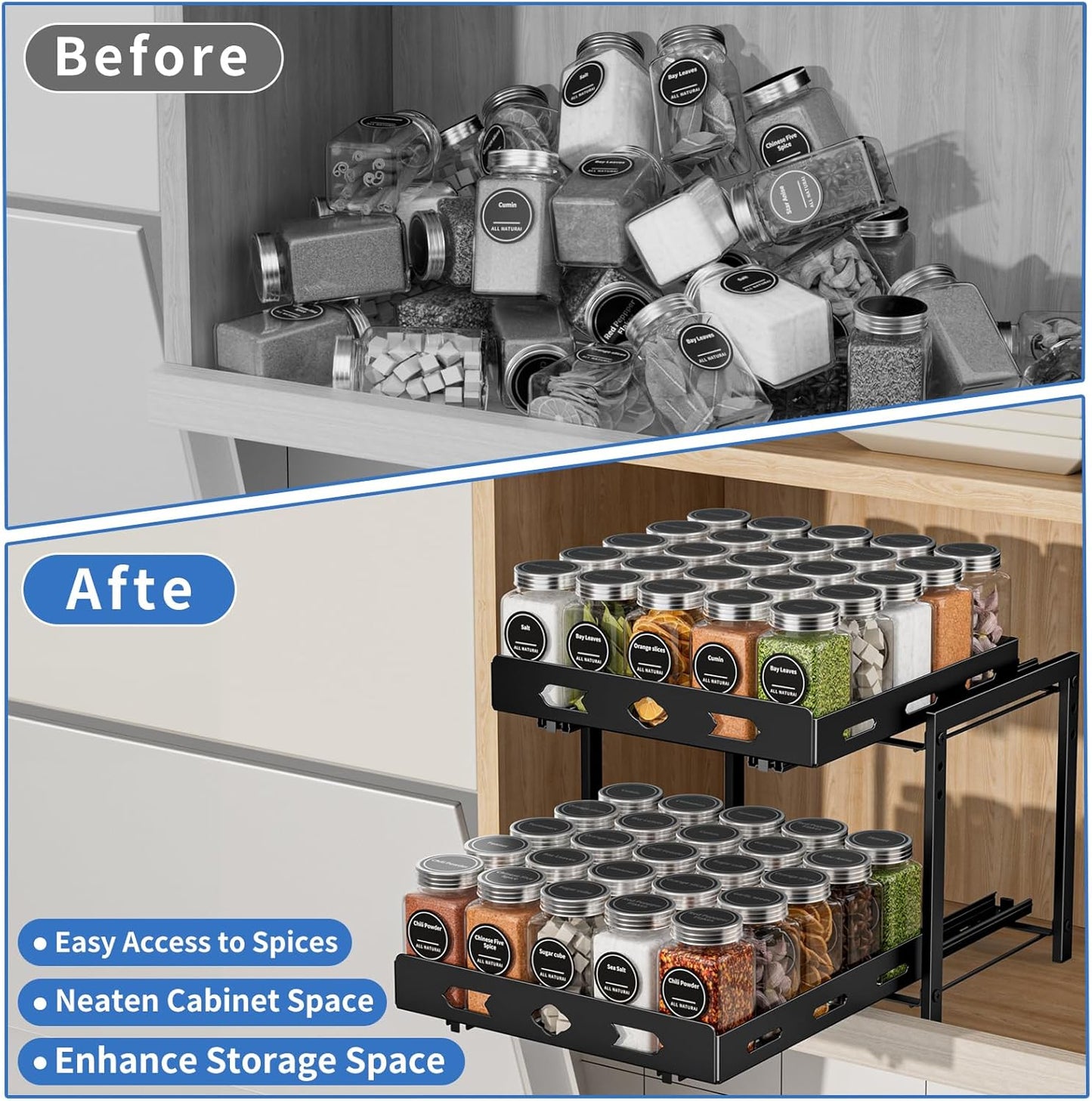Spice Rack Organizer for Cabinet, Pull Out Spice Rack 2 Tier, Adjustable Height, Heavy Duty Sliding Spice Rack Fits Spices, Sauces, Canned Food, W11.7*D10.8*H9.2 Inch