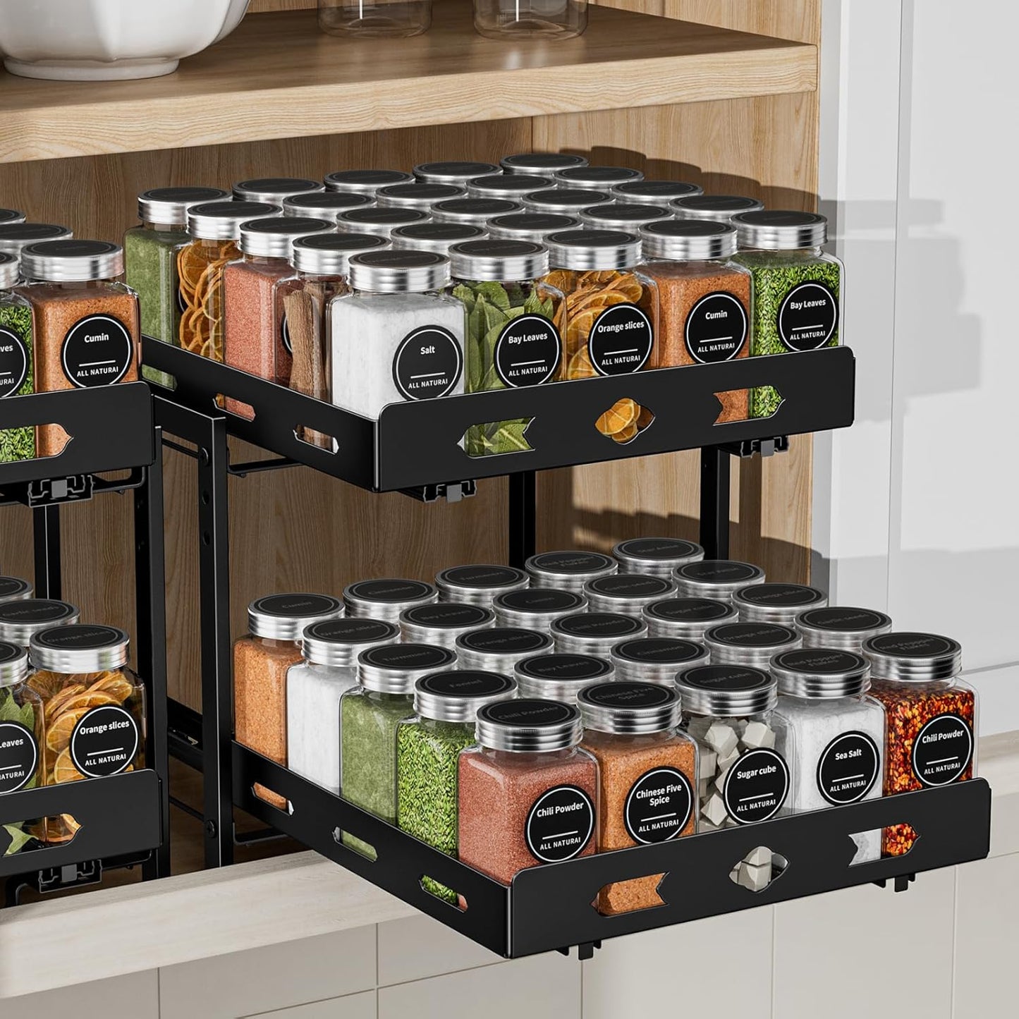 Spice Rack Organizer for Cabinet, Pull Out Spice Rack 2 Tier, Adjustable Height, Heavy Duty Sliding Spice Rack Fits Spices, Sauces, Canned Food, W11.7*D10.8*H9.2 Inch