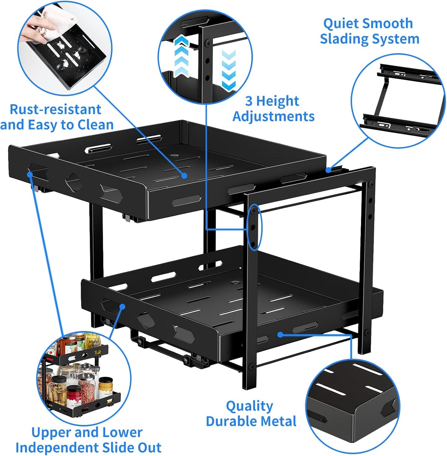 Spice Rack Organizer for Cabinet, Pull Out Spice Rack 2 Tier, Adjustable Height, Heavy Duty Sliding Spice Rack Fits Spices, Sauces, Canned Food, W11.7*D10.8*H9.2 Inch
