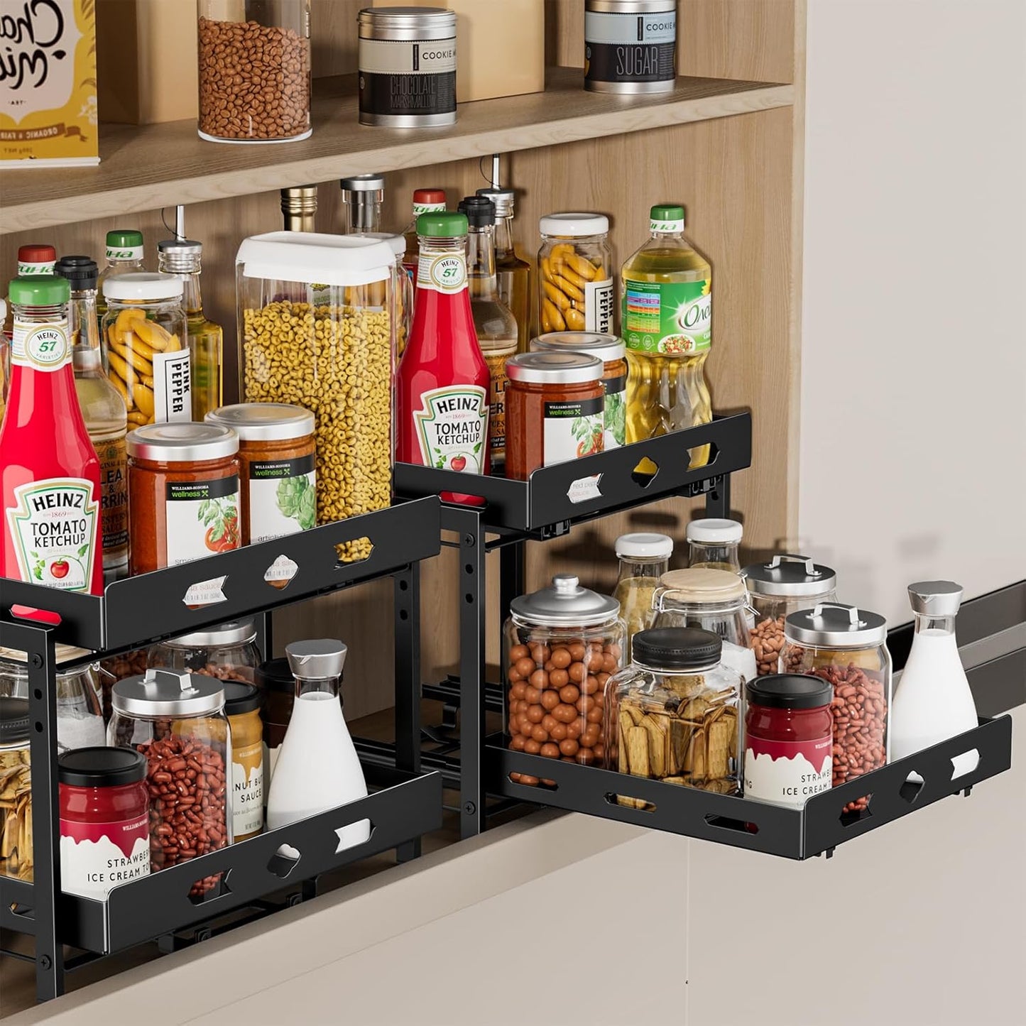 Spice Rack Organizer for Cabinet, Pull Out Spice Rack 2 Tier, Adjustable Height, Heavy Duty Sliding Spice Rack Fits Spices, Sauces, Canned Food, W11.7*D10.8*H9.2 Inch