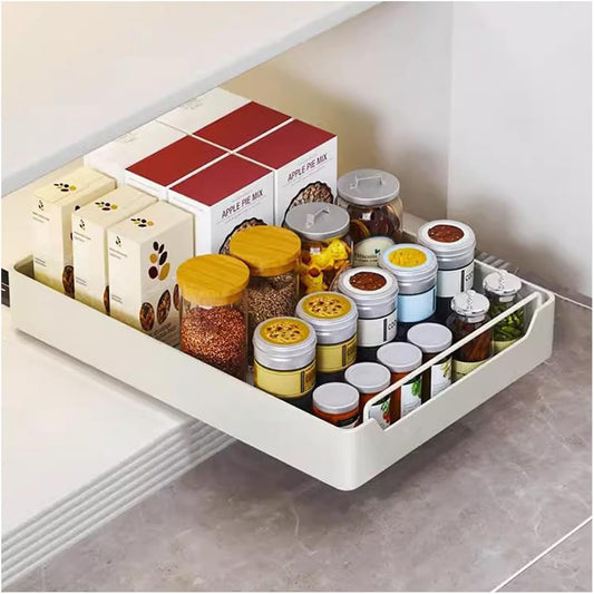Pull Out Cabinet Organiser, Slide Out Drawer Storage Shelves for Kitchen Cupboard, Roll-Out Sliding Drawer Storage Tray, No Need Drill and Nailing (25CM)