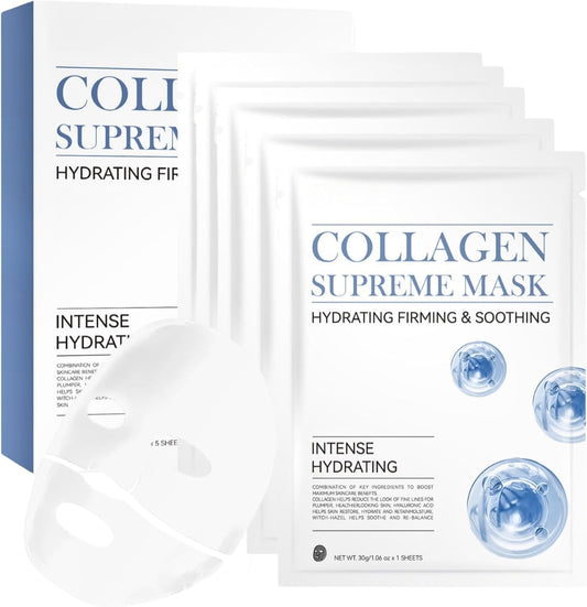 5PCS Collagen Face Mask Overnight, Deep Collagen Hydrating Face Mask, Korean Glass Skin Sheet Mask with Hyaluronic Acid for Anti-Aging, Anti-Wrinkle, Pore Minimizing, Lifting, Firming
