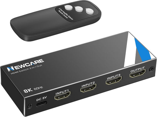 8K HDMI 2.1 Switch 3 in 1 Out With Remote - 8K@60Hz 4K@120Hz Support 48Gbps, Dolby Vision/Atmos, HDR 10+, VRR, ALLM - 3 Port Switcher Compatible With PS5, Xbox X, Apple TV