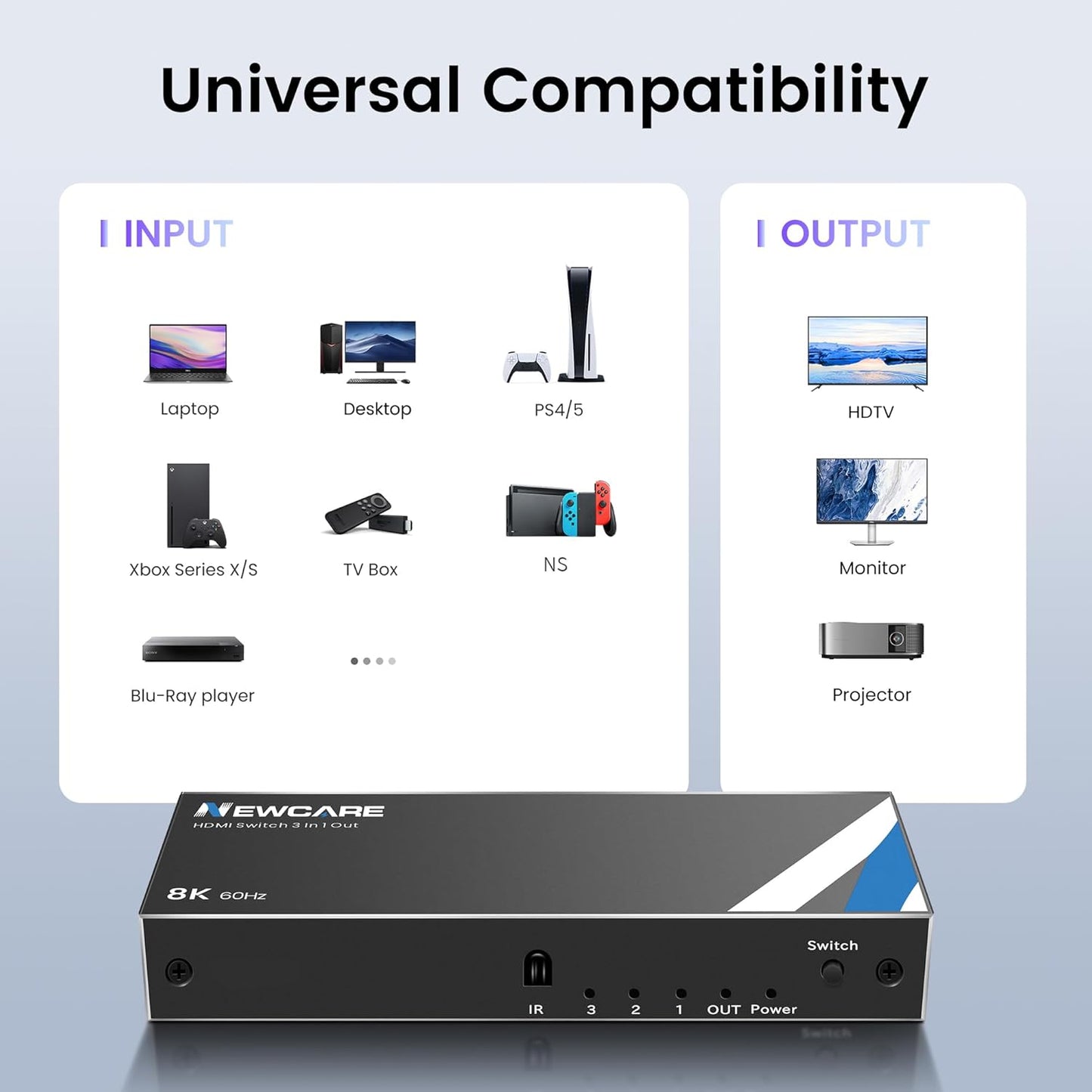 8K HDMI 2.1 Switch 3 in 1 Out With Remote - 8K@60Hz 4K@120Hz Support 48Gbps, Dolby Vision/Atmos, HDR 10+, VRR, ALLM - 3 Port Switcher Compatible With PS5, Xbox X, Apple TV