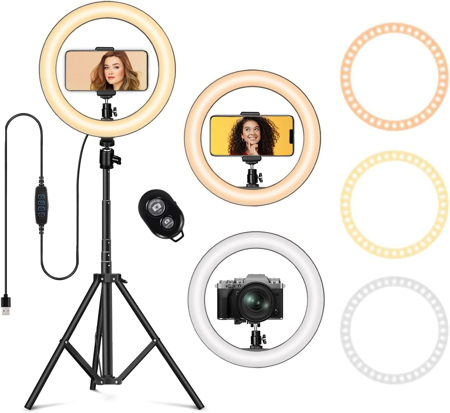 10.2” Ring Light, USB Powered Dimmable LED Circle Selfie Ring Light with Tripod Stand & Phone Holder, Remote, 3 Modes, 10 Brightness for YouTube TikTok Makeup Photography Video Live Streaming