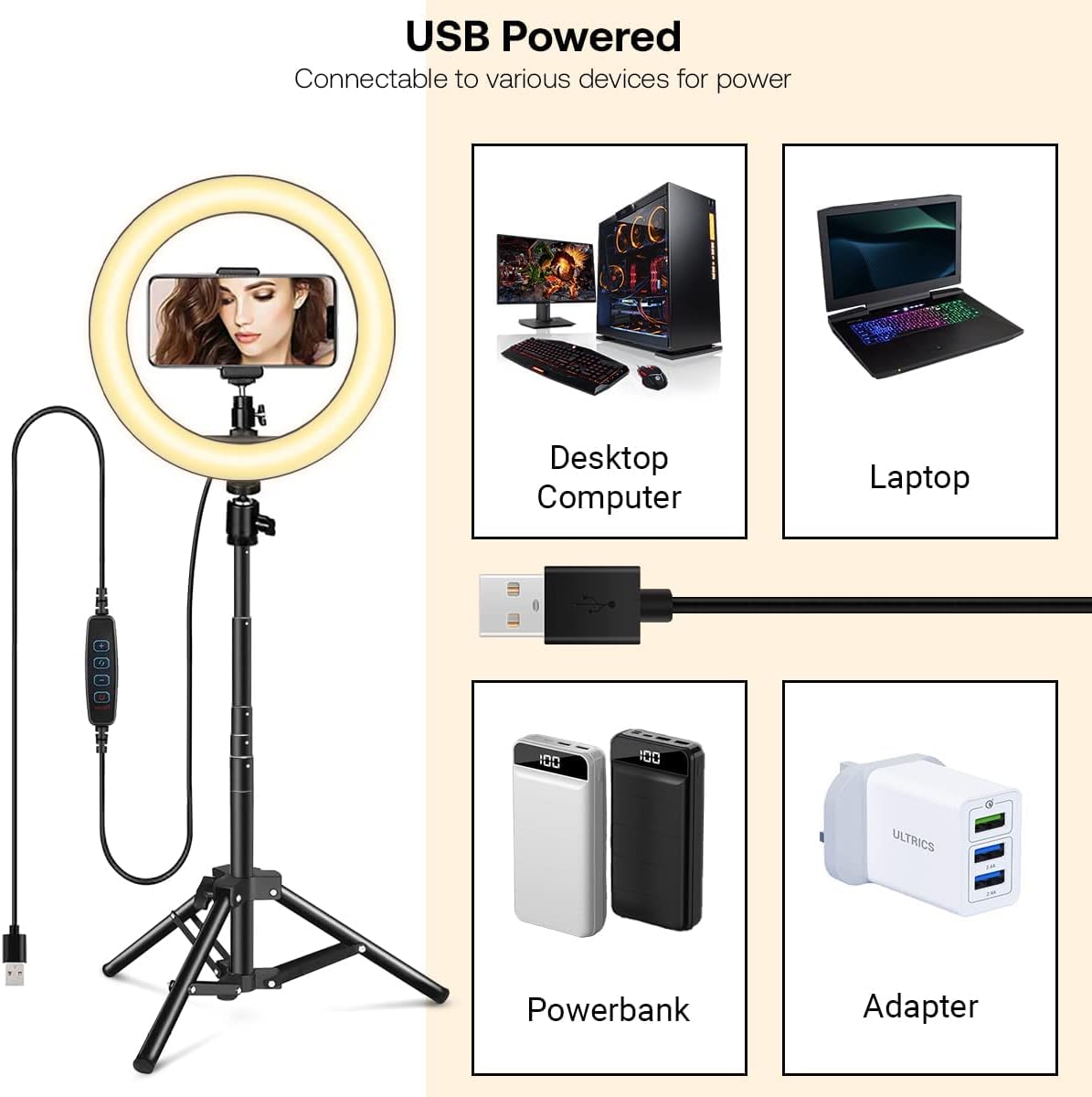 10.2” Ring Light, USB Powered Dimmable LED Circle Selfie Ring Light with Tripod Stand & Phone Holder, Remote, 3 Modes, 10 Brightness for YouTube TikTok Makeup Photography Video Live Streaming