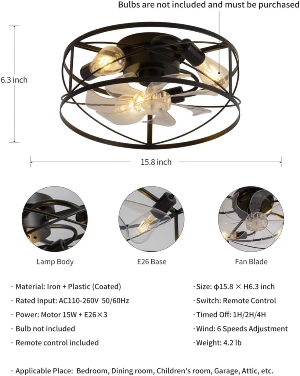 LED Modern Industrial-Style Ceiling Fan Light with Remote Control, 6-Speed Reversible E26 Socket Retro Ceiling Fan Light Suitable for Bedrooms, Living Rooms, Kitchens 40cm