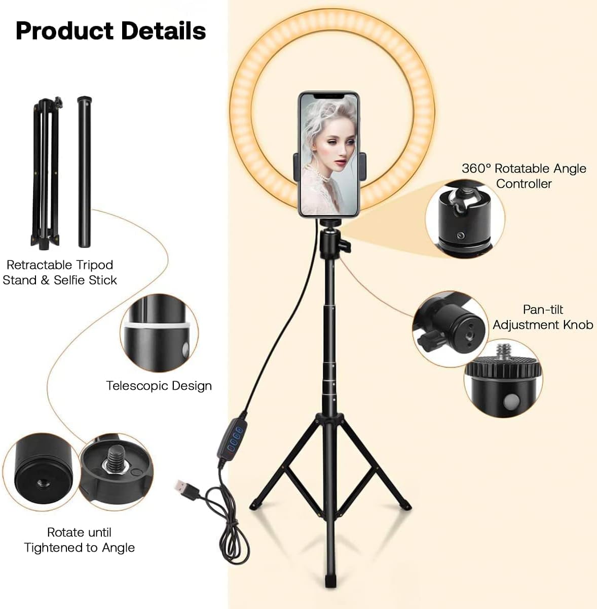 10.2” Ring Light, USB Powered Dimmable LED Circle Selfie Ring Light with Tripod Stand & Phone Holder, Remote, 3 Modes, 10 Brightness for YouTube TikTok Makeup Photography Video Live Streaming