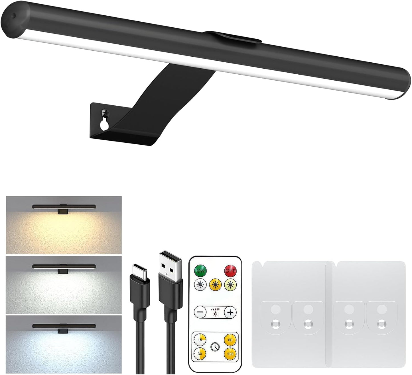 Picture Light with Remote, Wireless Battery Painting Light with 3 Lighting Colors, 4400mAh Rechargeable Art Light Display Lamp, Dimmable Timer Lamp for Artwork Gallery (Black)