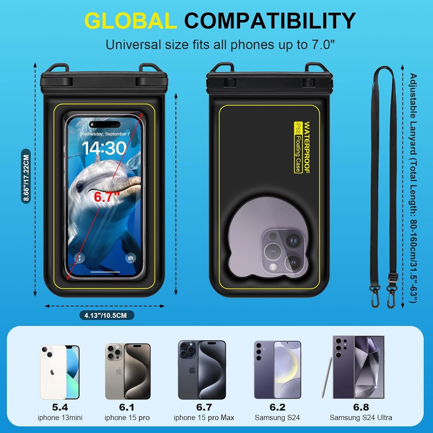 Waterproof Phone Pouch Floating IPX8 Waterproof Phone Case Dry Bag for Swimming,Underwater Phone Case Protector for iPhone 16 15 14 13 12 11 Pro Max XS Samsung S24 S23 Huawei P60 Mate 60 up to 6.8"