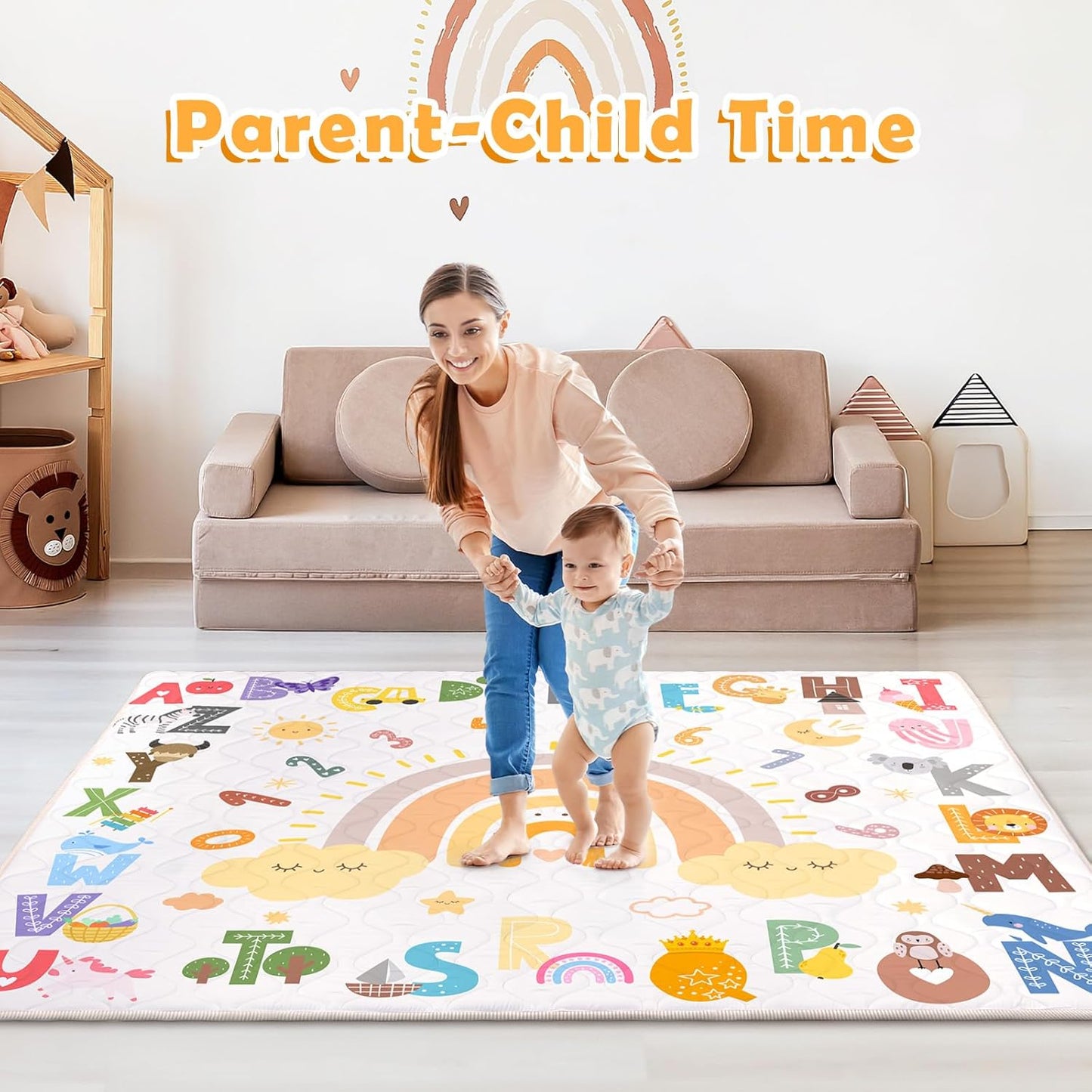 Baby Play Mat for Floor,180x150cm Large Baby Playmat,Soft Foam Floor Mat Washable Foldable for Tummy Time, Safe Non-Slip Backing for Newborn Toddler Kids Crawling,Alphabet Rainbow