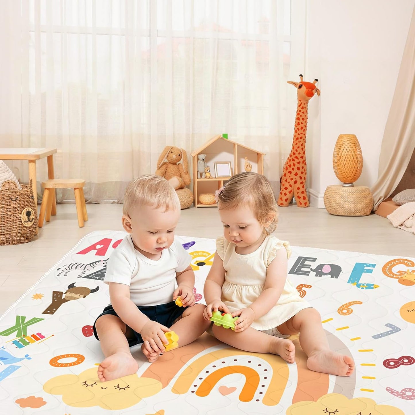 Baby Play Mat for Floor,180x150cm Large Baby Playmat,Soft Foam Floor Mat Washable Foldable for Tummy Time, Safe Non-Slip Backing for Newborn Toddler Kids Crawling,Alphabet Rainbow