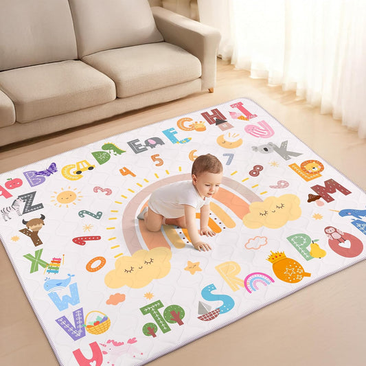 Baby Play Mat for Floor,180x150cm Large Baby Playmat,Soft Foam Floor Mat Washable Foldable for Tummy Time, Safe Non-Slip Backing for Newborn Toddler Kids Crawling,Alphabet Rainbow