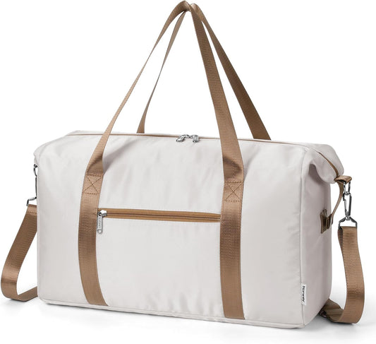 Easyjet Cabin Bag 45x36x20 New Easyjet Underseat Easy Jet Cabin Bag Foldable Travel Duffel Carry on Luggage Weekend Overnight Hospital Bags for Women and Men 25L (Beige with Brown Straps)