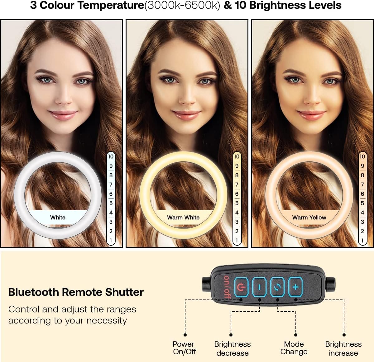 10.2” Ring Light, USB Powered Dimmable LED Circle Selfie Ring Light with Tripod Stand & Phone Holder, Remote, 3 Modes, 10 Brightness for YouTube TikTok Makeup Photography Video Live Streaming