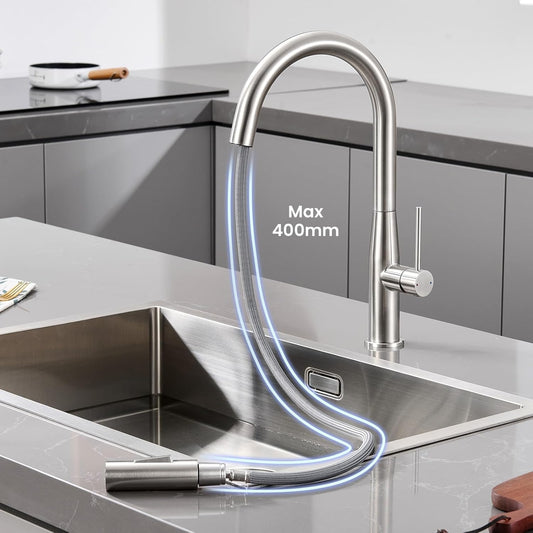 Kitchen Tap, Kitchen Mixer Tap with Pull-Out Sprayer, 2 Modes Spray, 360° Swivel Spout, Single Handle High-Arc Design, Water-Saving Cartridge, Easy Installation with Fittings Included
