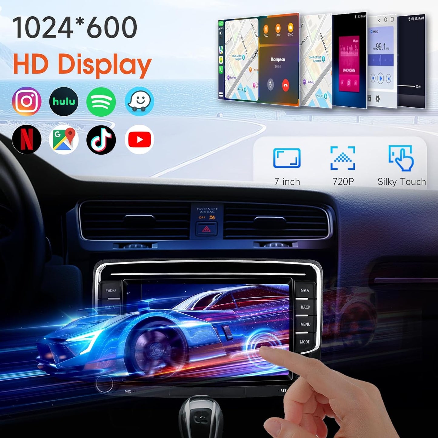 Wireless CarPlay Android Auto Car Stereo for VW 2013-2021, 7'' HD Touchscreen, Bluetooth GPS Navigation, RDS Radio, AHD Rear Camera, Support Polo/Golf/Passat/Skoda