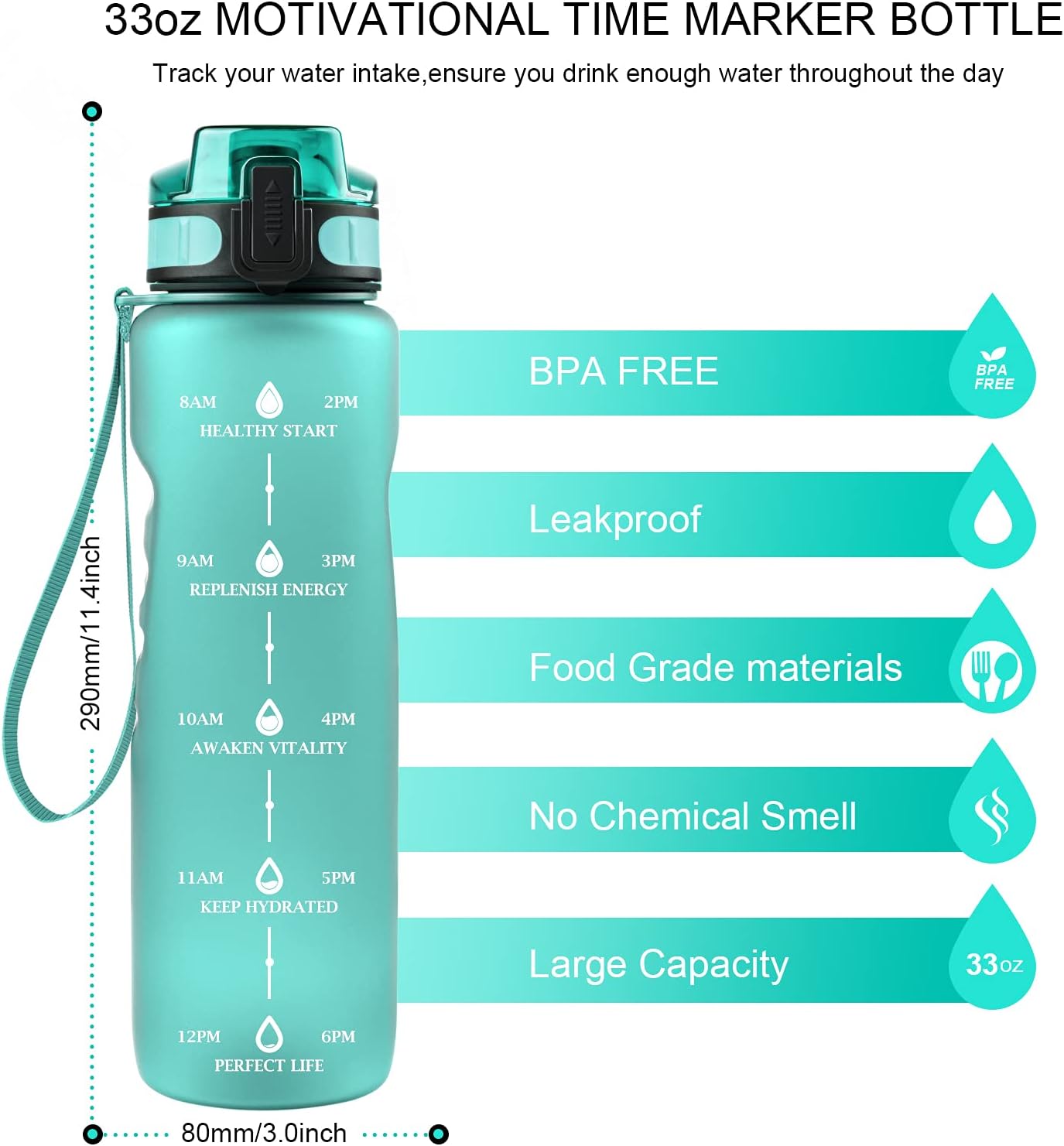 Sports Water Bottle 1 Litre, BPA Free Tritan Drinking Bottle with Time Marking and Removable Strainer for Gym, Outdoor, Bicycle,School & Office