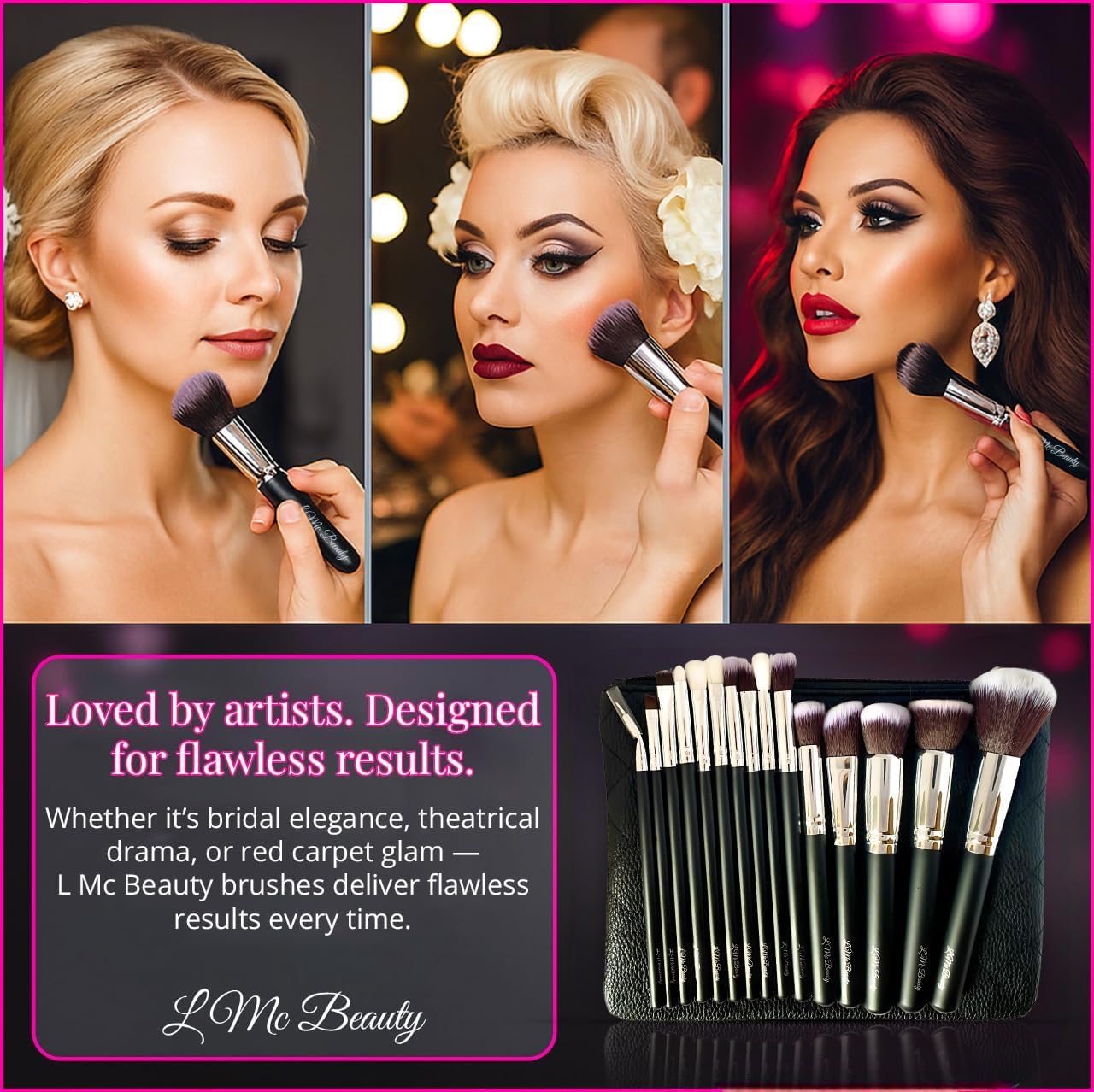 15pc Makeup Brush Set, Black & Silver with Black Bag