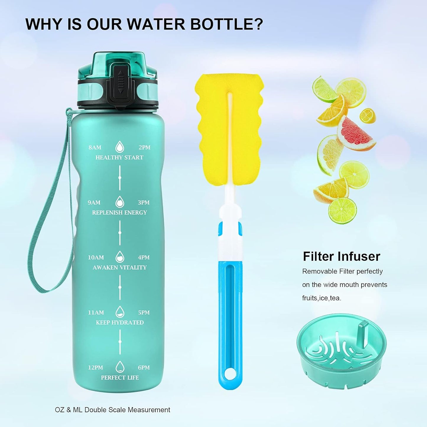 Sports Water Bottle 1 Litre, BPA Free Tritan Drinking Bottle with Time Marking and Removable Strainer for Gym, Outdoor, Bicycle,School & Office
