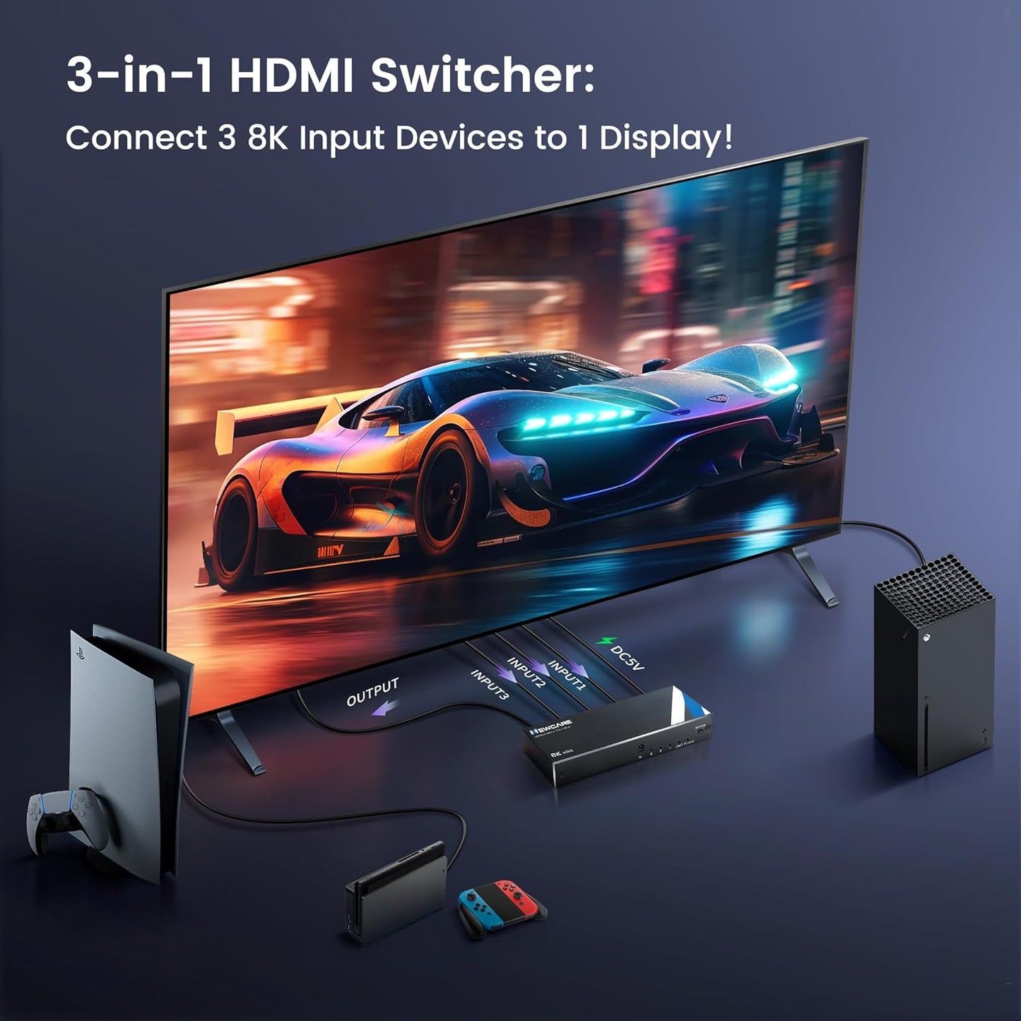 8K HDMI 2.1 Switch 3 in 1 Out With Remote - 8K@60Hz 4K@120Hz Support 48Gbps, Dolby Vision/Atmos, HDR 10+, VRR, ALLM - 3 Port Switcher Compatible With PS5, Xbox X, Apple TV