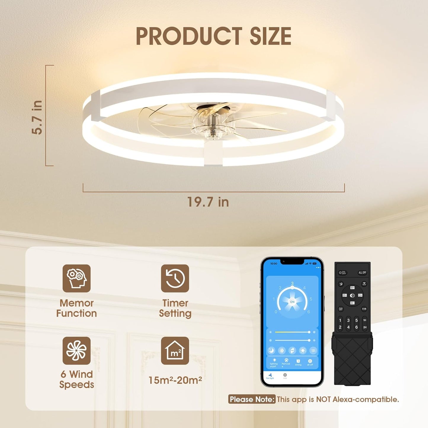 50cm Ceiling Fan with Lights & Remote, 3 Colours Ceiling Fans Lamp, 3600LM Dimmable LED, 6 Speeds & Timer Ultra-Quiet Modern Fan Light for Bedroom Living Room Kitchen (White)