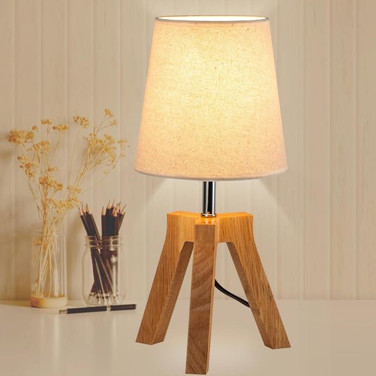 Wood Bedside Table Lamp, Tripod Desk Lamp with On-Off Switch, Nightstand Lamp with Fabric Shade for Reading, Bedroom, Living Room, Office, Natural Wood Base with Linen Shade