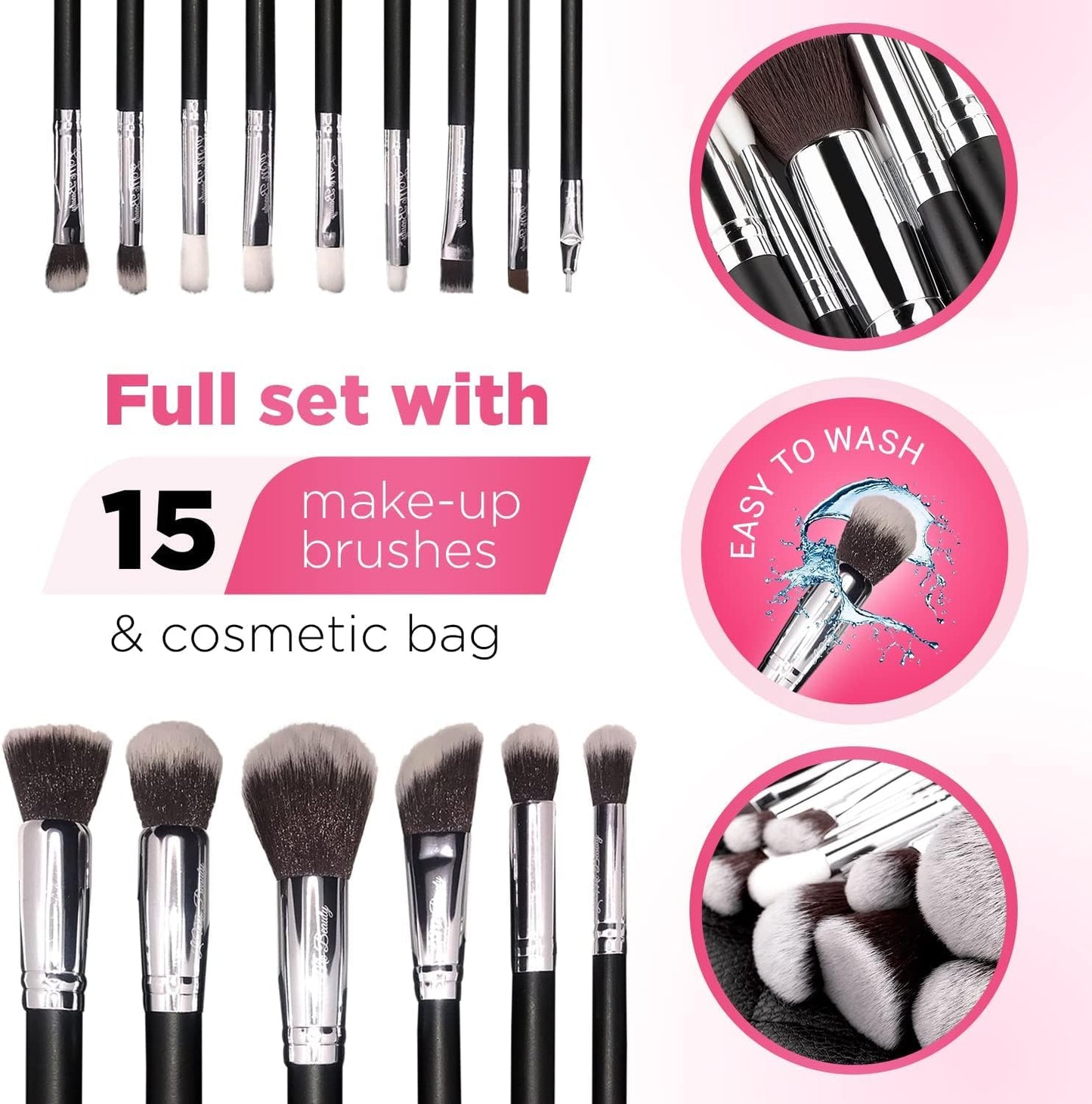 15pc Makeup Brush Set, Black & Silver with Black Bag