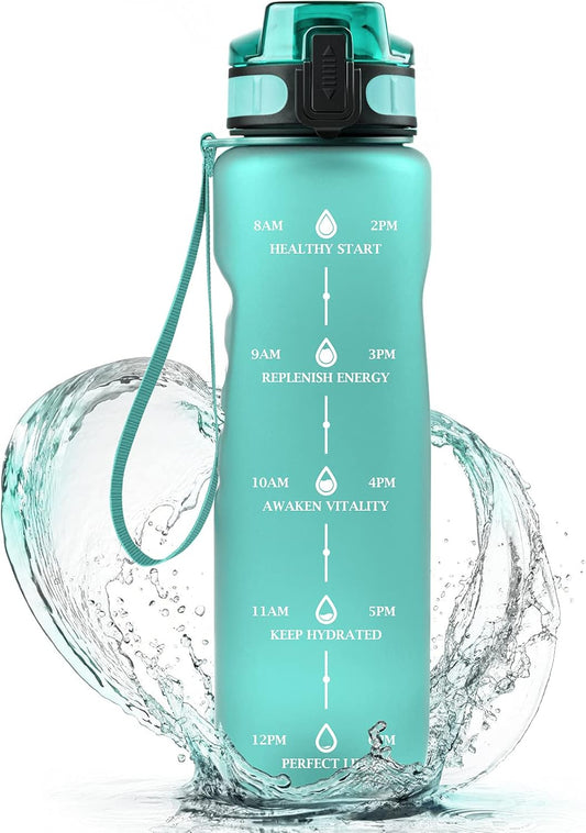 Sports Water Bottle 1 Litre, BPA Free Tritan Drinking Bottle with Time Marking and Removable Strainer for Gym, Outdoor, Bicycle,School & Office