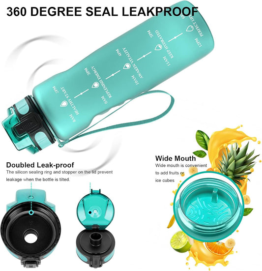 Sports Water Bottle 1 Litre, BPA Free Tritan Drinking Bottle with Time Marking and Removable Strainer for Gym, Outdoor, Bicycle,School & Office