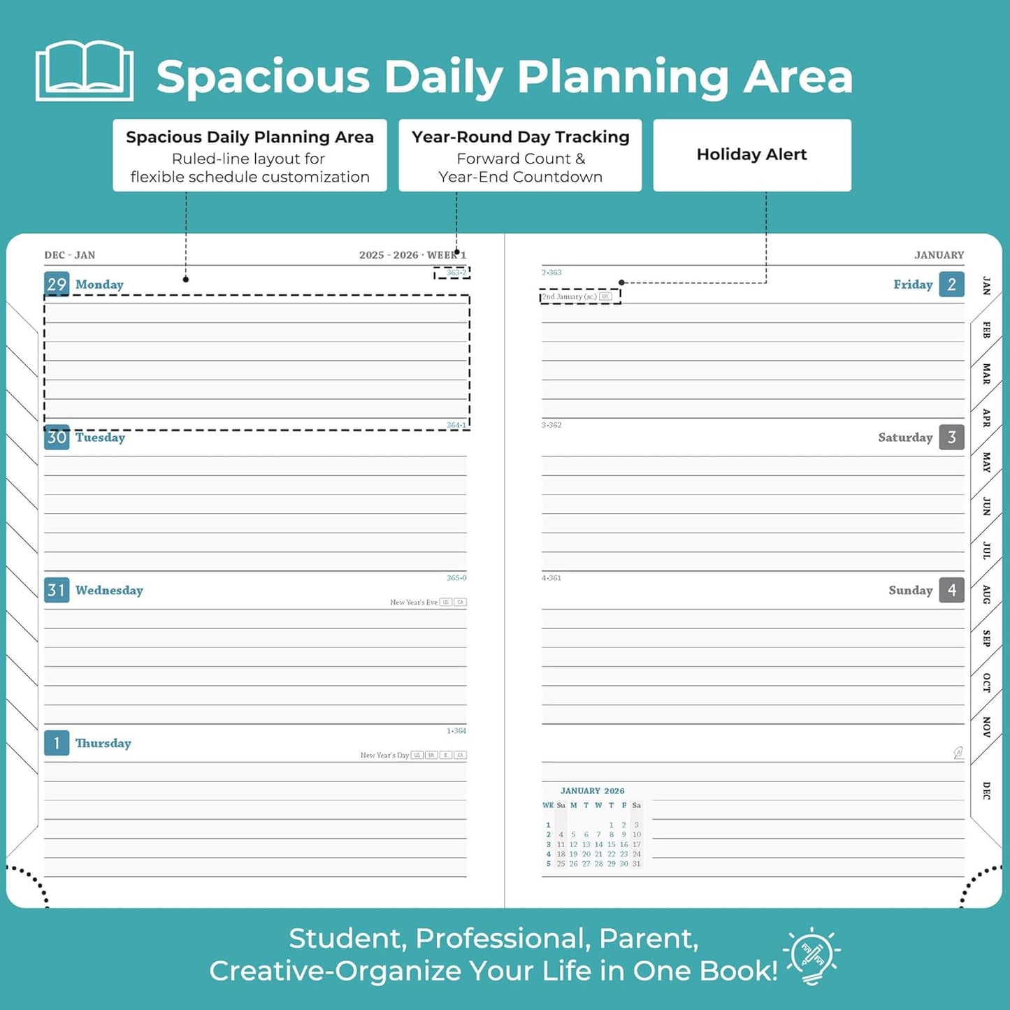 Diary 2026 Planner: Spiral A4 Week to View (29x21.7 cm) 12 Months (Jan. - Dec.) Weekly & Monthly Planner with Month Tabs & Pocket Expenses/Note Pages 100GSM Paper PU Leather Light Blue