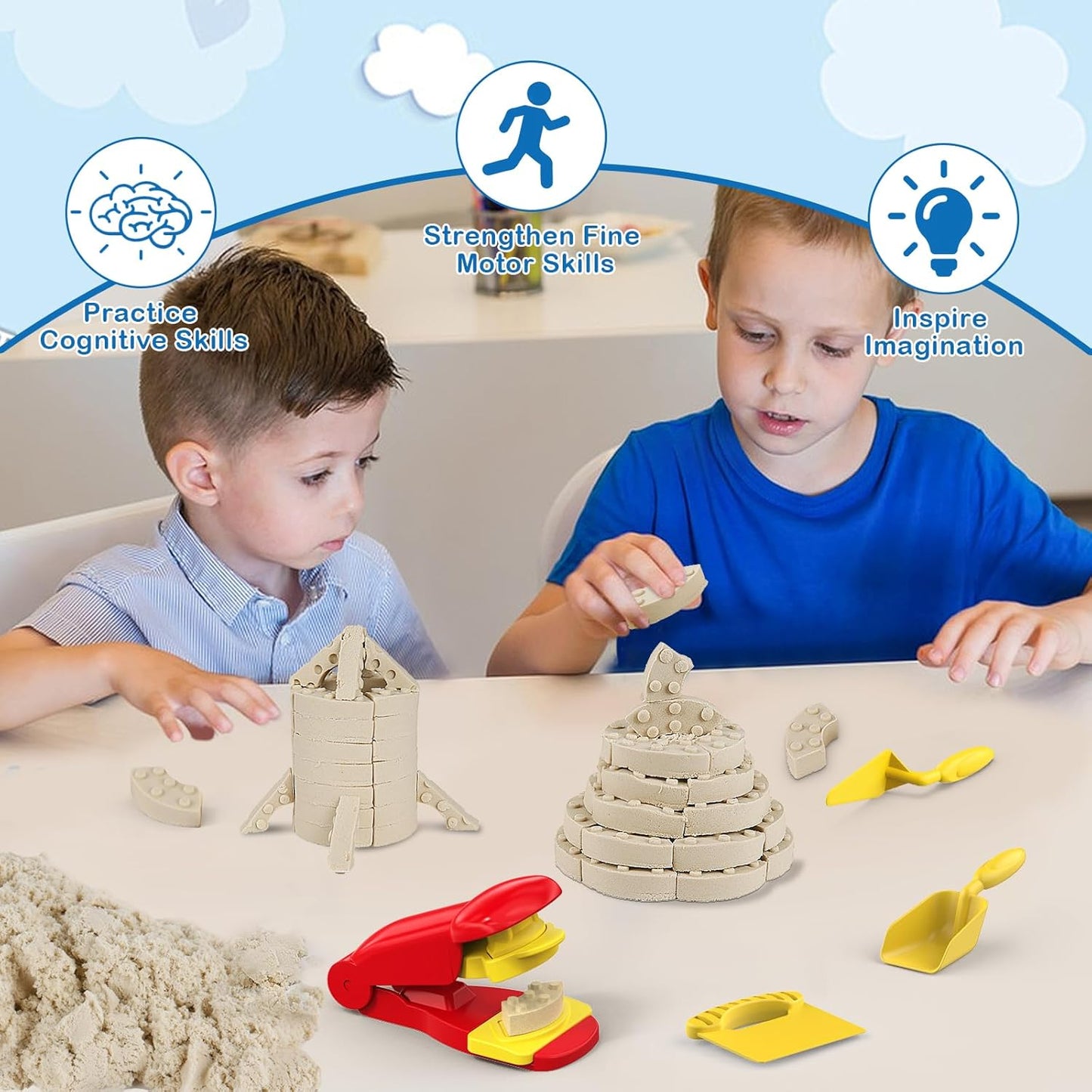 Play Sand Set, 1.7 lbs Moldable Sensory Sand, Building Molds, Brick Press and 3 Tools, Sensory Building Toys Birthday Gifts for Kids Boys and Girls Age 3+