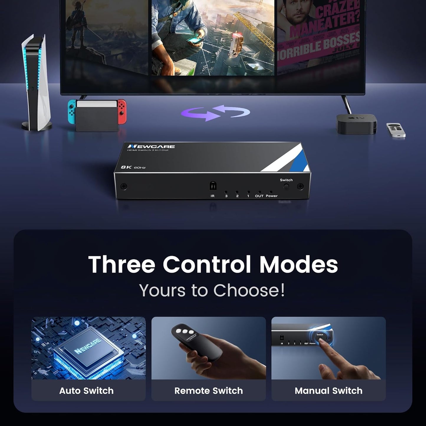 8K HDMI 2.1 Switch 3 in 1 Out With Remote - 8K@60Hz 4K@120Hz Support 48Gbps, Dolby Vision/Atmos, HDR 10+, VRR, ALLM - 3 Port Switcher Compatible With PS5, Xbox X, Apple TV