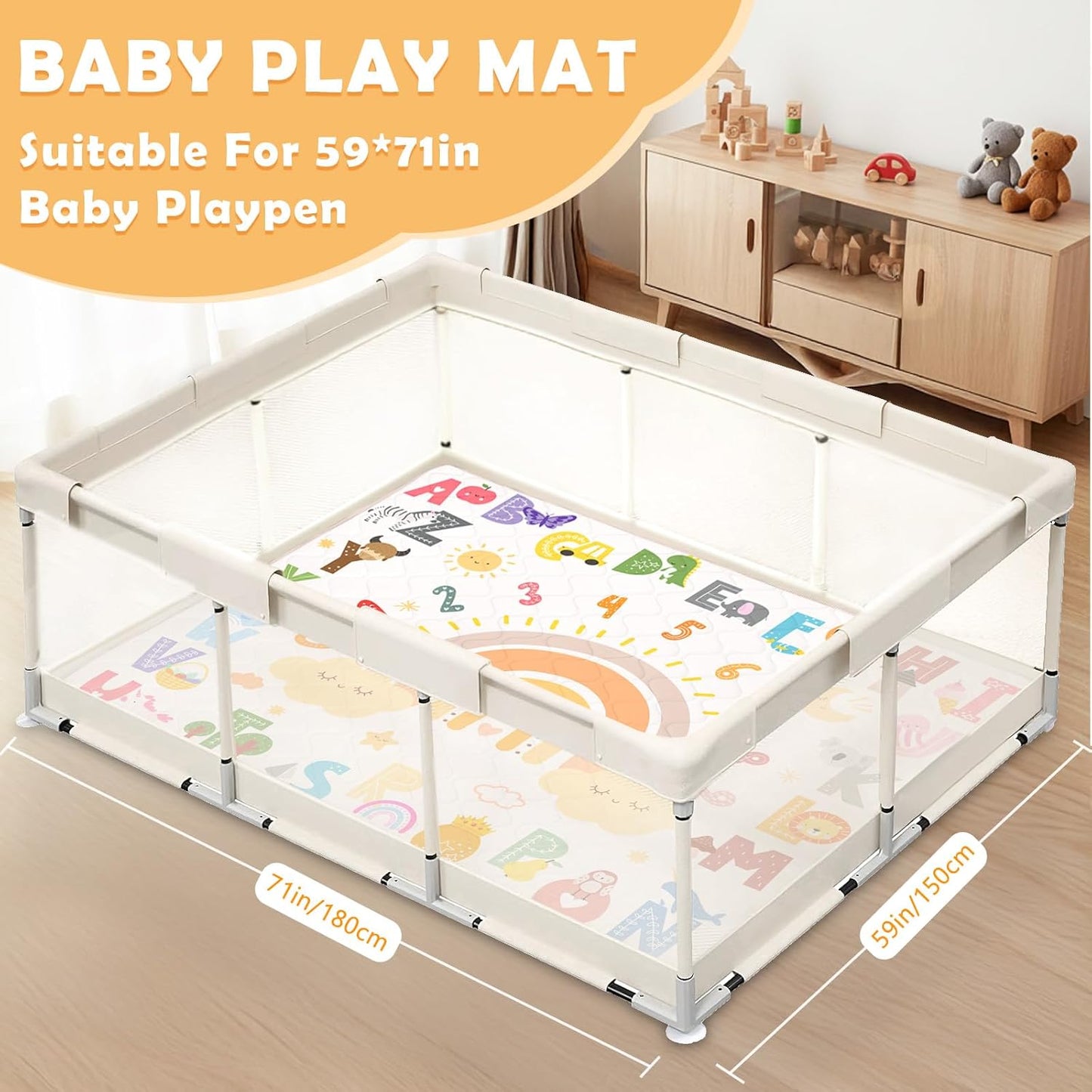 Baby Play Mat for Floor,180x150cm Large Baby Playmat,Soft Foam Floor Mat Washable Foldable for Tummy Time, Safe Non-Slip Backing for Newborn Toddler Kids Crawling,Alphabet Rainbow