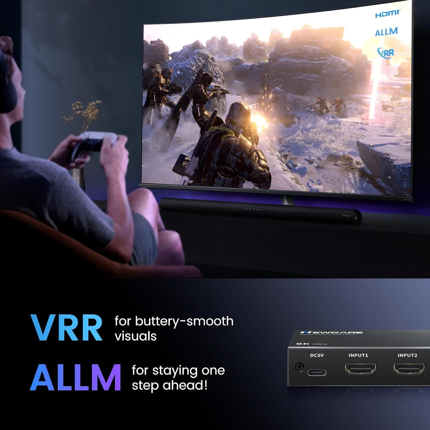 8K HDMI 2.1 Switch 3 in 1 Out With Remote - 8K@60Hz 4K@120Hz Support 48Gbps, Dolby Vision/Atmos, HDR 10+, VRR, ALLM - 3 Port Switcher Compatible With PS5, Xbox X, Apple TV