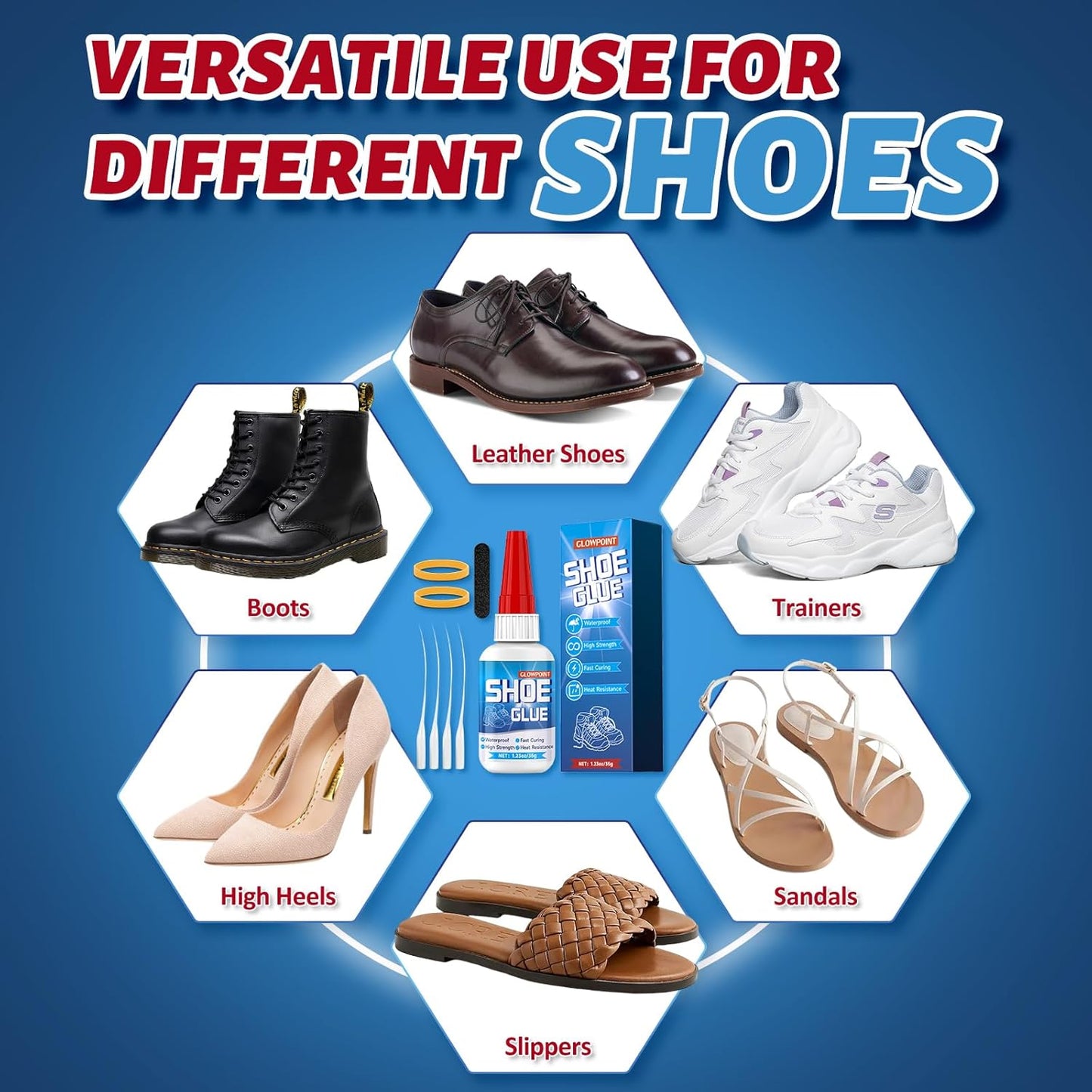 35g Shoe Glue, Instant Shoe Glue Sole Repair, Clear Strong Adhesive for Sneakers, Boots, Leather, Heels and More, with Sanding Stick, Elastic Bands & Precision Droppers, Waterproof - 1 Pack