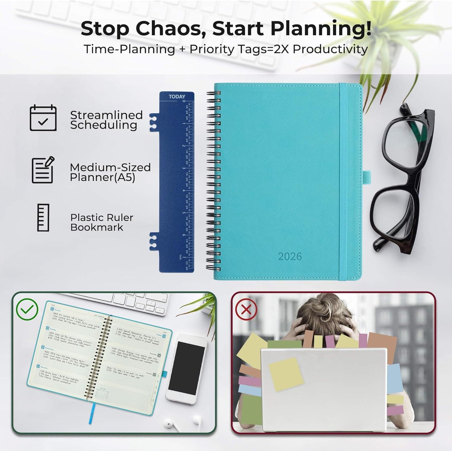 Diary 2026 Planner: Spiral A4 Week to View (29x21.7 cm) 12 Months (Jan. - Dec.) Weekly & Monthly Planner with Month Tabs & Pocket Expenses/Note Pages 100GSM Paper PU Leather Light Blue