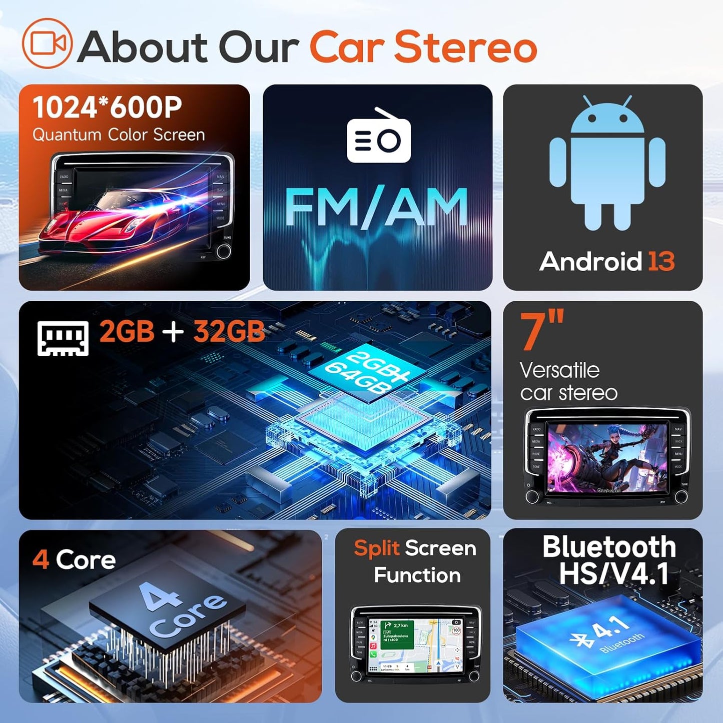 Wireless CarPlay Android Auto Car Stereo for VW 2013-2021, 7'' HD Touchscreen, Bluetooth GPS Navigation, RDS Radio, AHD Rear Camera, Support Polo/Golf/Passat/Skoda