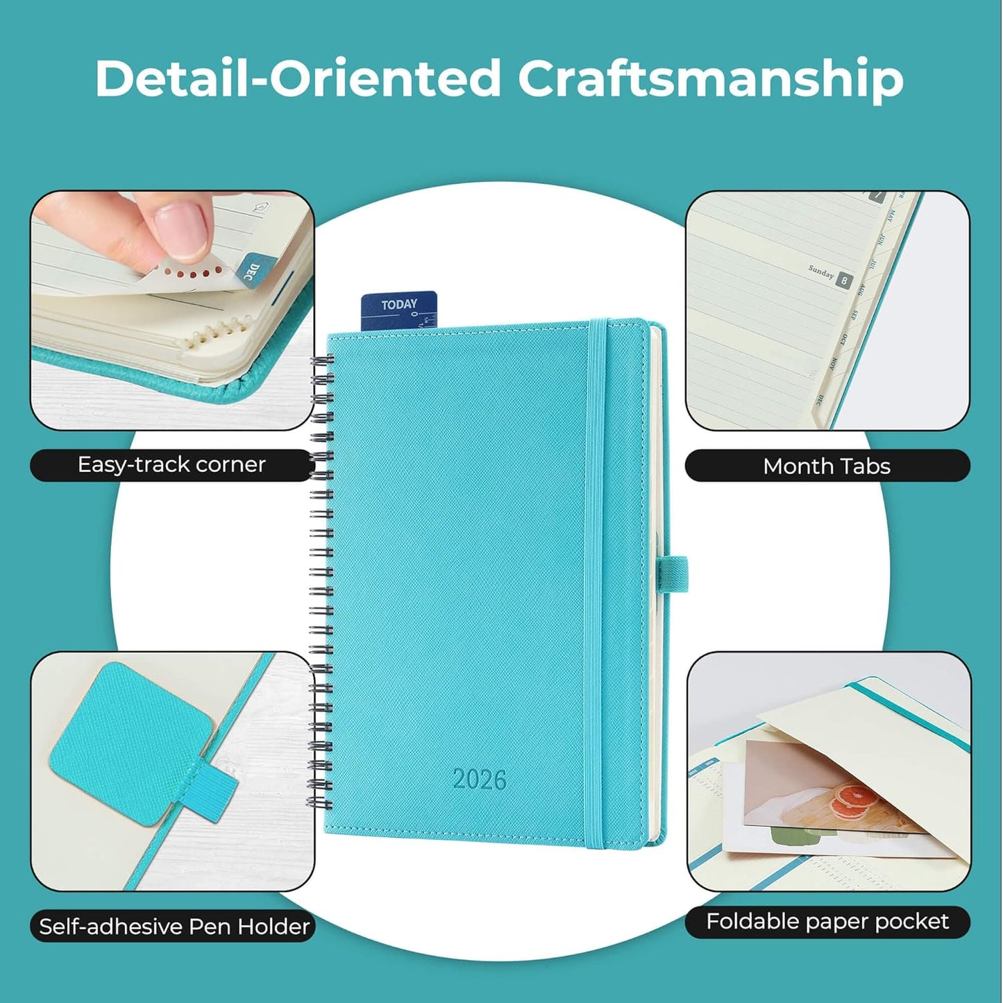 Diary 2026 Planner: Spiral A4 Week to View (29x21.7 cm) 12 Months (Jan. - Dec.) Weekly & Monthly Planner with Month Tabs & Pocket Expenses/Note Pages 100GSM Paper PU Leather Light Blue