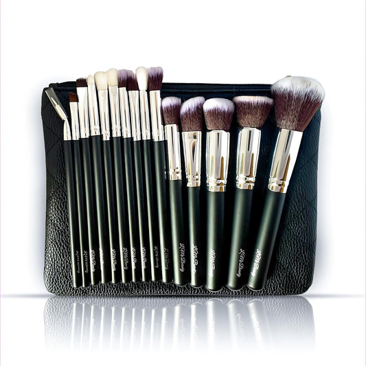 15pc Makeup Brush Set, Black & Silver with Black Bag