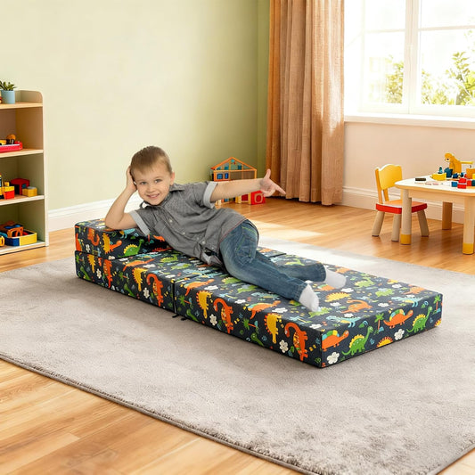 Tri-Folding Futon Set, Comfy Toddler Chair, Kids Couch Fold Out to Mattress, Foldable Baby Sofa Plush for Girl and Boy （Dinosaur）