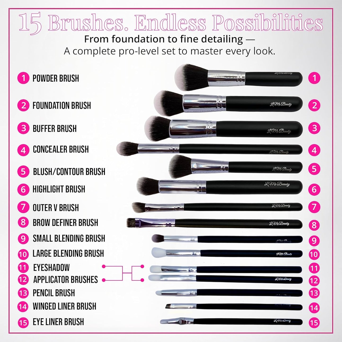 15pc Makeup Brush Set, Black & Silver with Black Bag