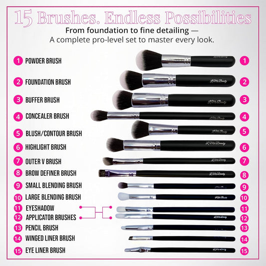 15pc Makeup Brush Set, Black & Silver with Black Bag