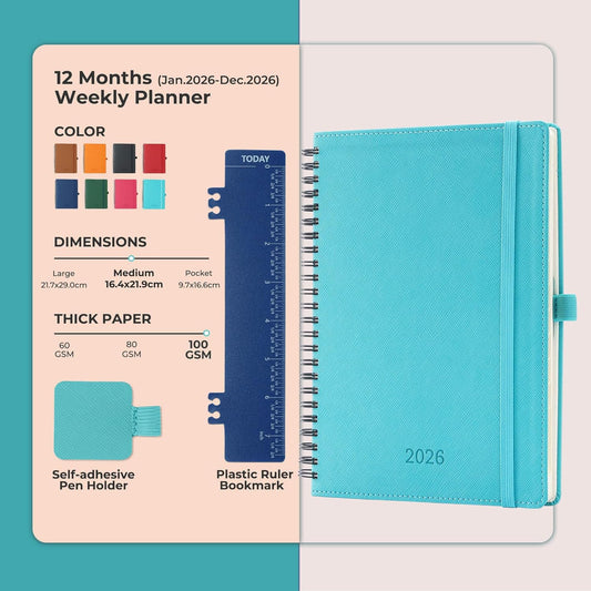 Diary 2026 Planner: Spiral A4 Week to View (29x21.7 cm) 12 Months (Jan. - Dec.) Weekly & Monthly Planner with Month Tabs & Pocket Expenses/Note Pages 100GSM Paper PU Leather Light Blue