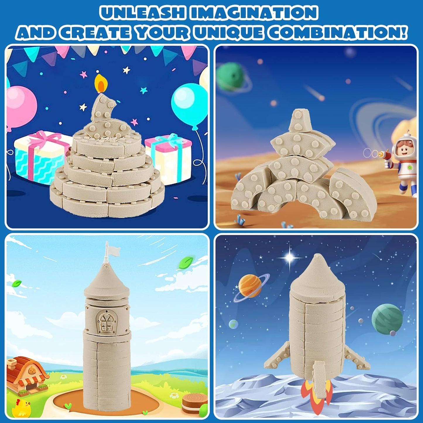 Play Sand Set, 1.7 lbs Moldable Sensory Sand, Building Molds, Brick Press and 3 Tools, Sensory Building Toys Birthday Gifts for Kids Boys and Girls Age 3+