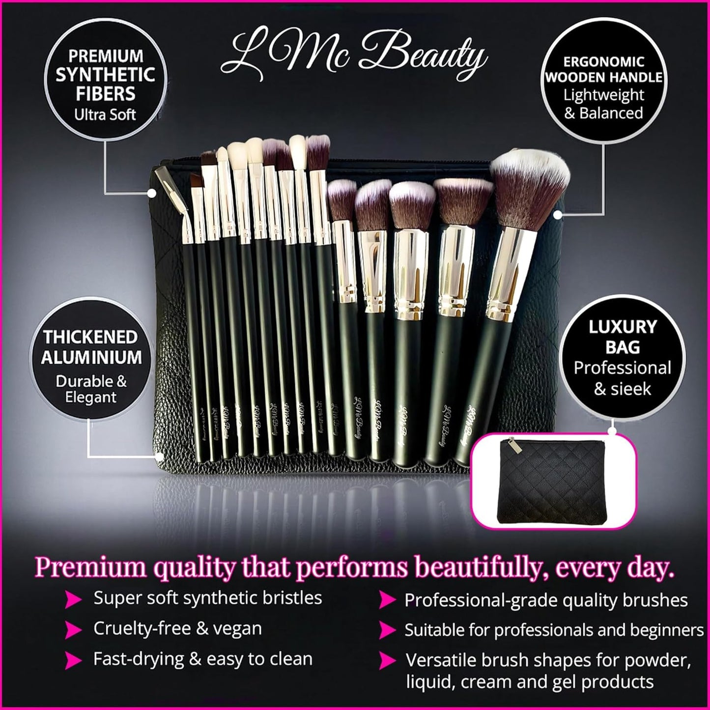 15pc Makeup Brush Set, Black & Silver with Black Bag