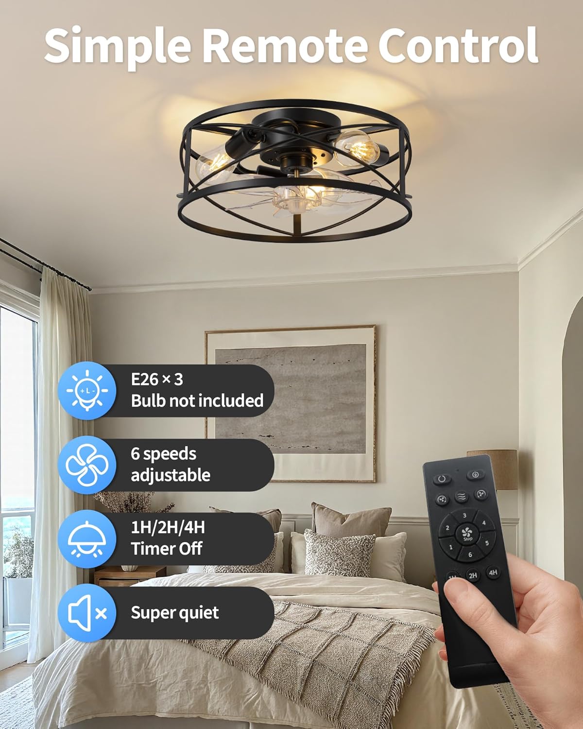 LED Modern Industrial-Style Ceiling Fan Light with Remote Control, 6-Speed Reversible E26 Socket Retro Ceiling Fan Light Suitable for Bedrooms, Living Rooms, Kitchens 40cm