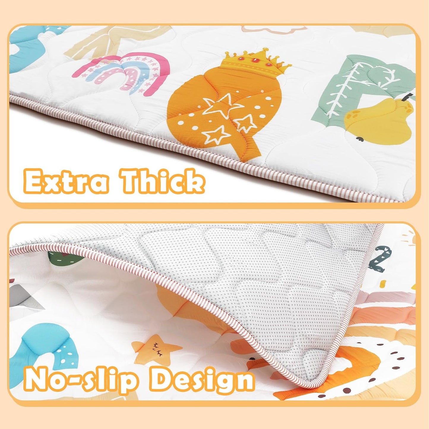 Baby Play Mat for Floor,180x150cm Large Baby Playmat,Soft Foam Floor Mat Washable Foldable for Tummy Time, Safe Non-Slip Backing for Newborn Toddler Kids Crawling,Alphabet Rainbow